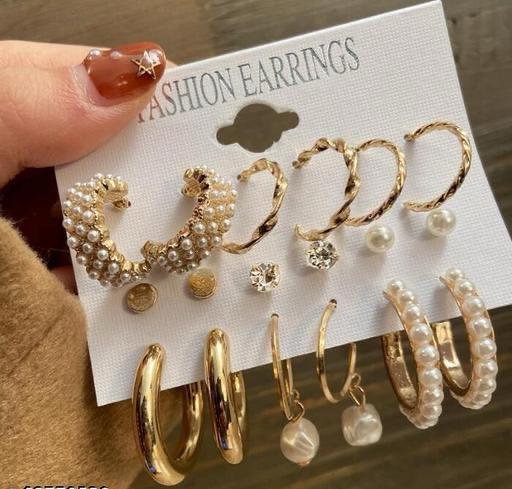 Combo Of 9 Pair Stunning Gold Plated Pearl Hoop , Drop, Tiny and Studs Earrings for Women & Girls